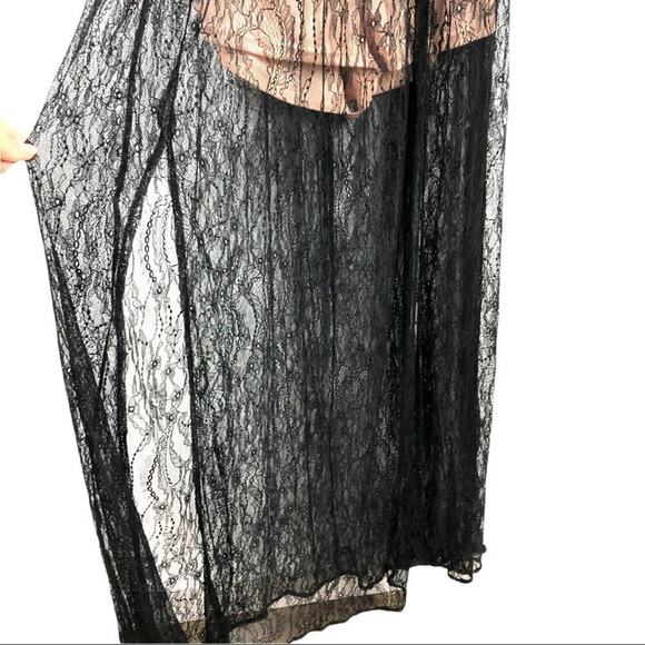 Whyte Eyelash Skirted Maxi Black Lace Sheer Romper Deep V-neck bell sleeves S - Picture 12 of 16